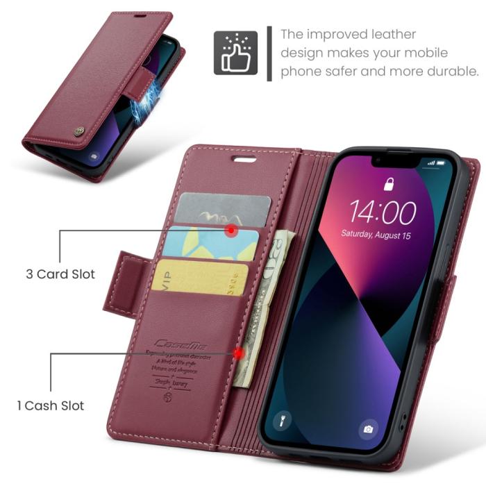 Bild 5, CASEME iPhone 15 Plus Fodral Läder RFID Vinröd