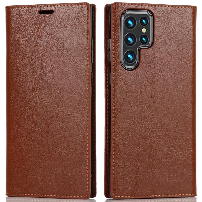 Bild 1, Samsung Galaxy S22 Ultra Fodral Flip Äkta Läder Brun