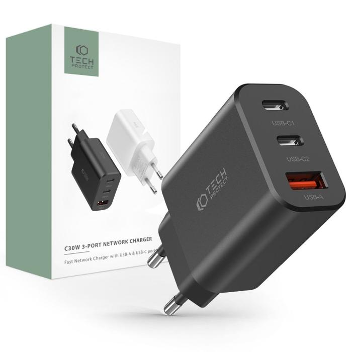 Bild 1, Tech-Protect 30W PD/QC Väggladdare 2x USB-C 1x USB-A Svart