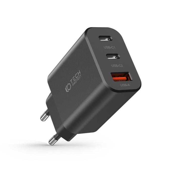 Bild 2, Tech-Protect 30W PD/QC Väggladdare 2x USB-C 1x USB-A Svart
