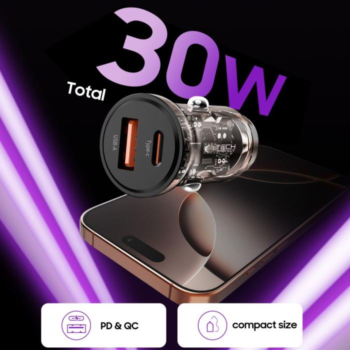 Bild 4, Tech-Protect 30W PD QC Billaddare USB-C / USB-A Svart