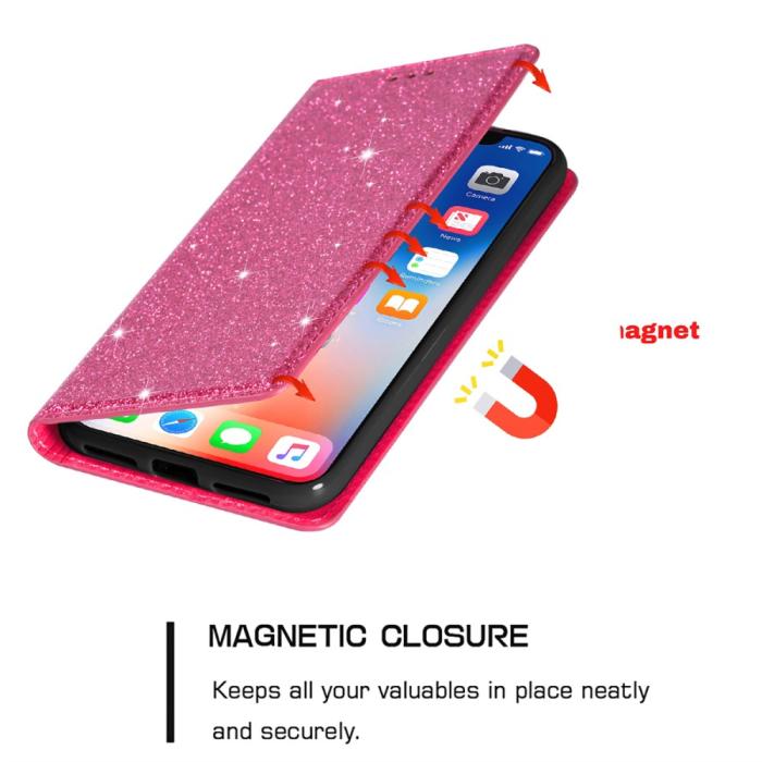 Bild 5, iPhone 15 Fodral Flip Glitter Rosa