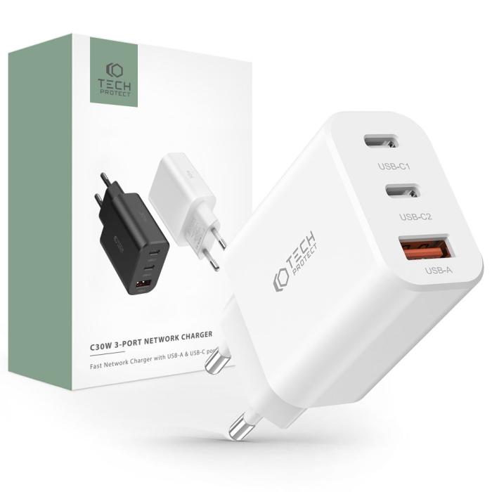 Bild 1, Tech-Protect 30W PD/QC Väggladdare 2x USB-C 1x USB-A Vit