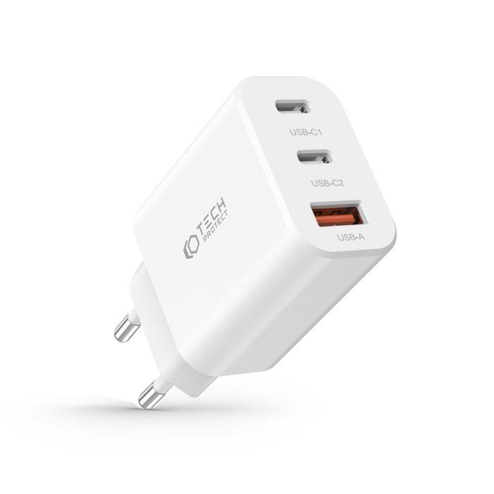 Bild 2, Tech-Protect 30W PD/QC Väggladdare 2x USB-C 1x USB-A Vit