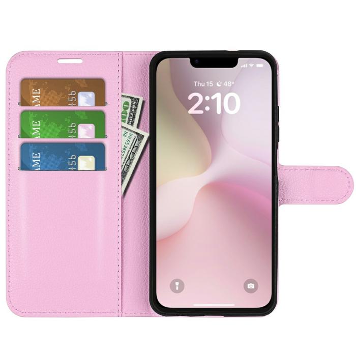 Bild 2, iPhone 17e / 16e Fodral Litchi Läder Ljus Rosa
