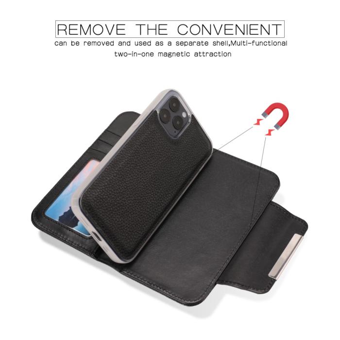 Bild 4, iPhone 12 Mini - 2in1 Litchi Fodral/Magnet Skal - Svart