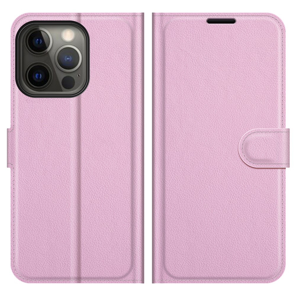 iPhone 13 Pro Fodral Litchi Läder Ljus Rosa