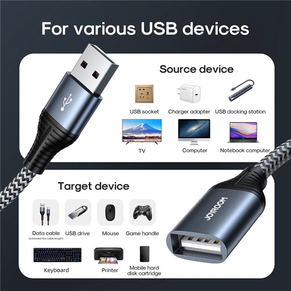 JOYROOM 2m Förlängning Kabel 3A USB-A Hane - USB-A Hona Flätad Nylon