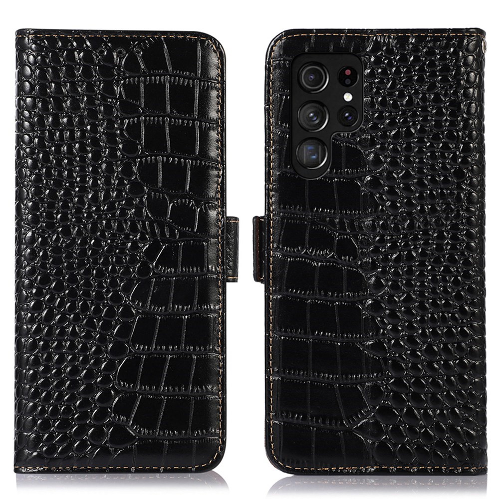 Galaxy S23 Ultra Fodral RFID kta Lder Krokodil Textur Svart