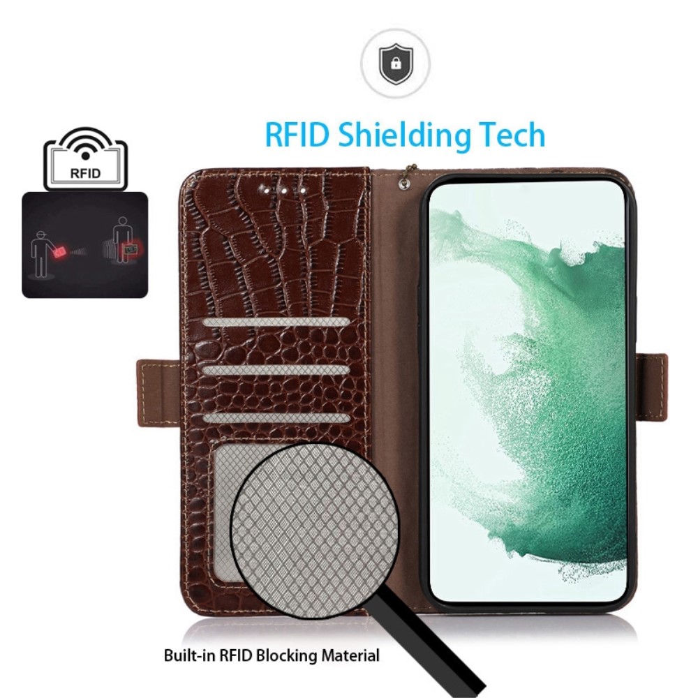 Galaxy S23 Ultra Fodral RFID kta Lder Krokodil Textur Brun