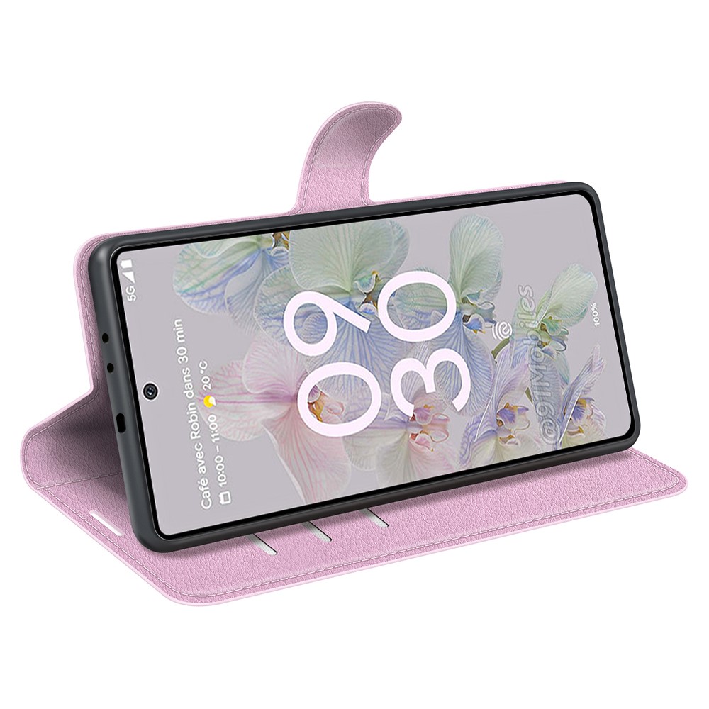 Google Pixel 6A Fodral Litchi Lder Ljus Rosa