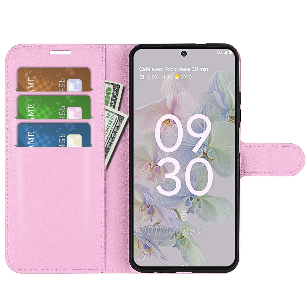 Google Pixel 6A Fodral Litchi Lder Ljus Rosa