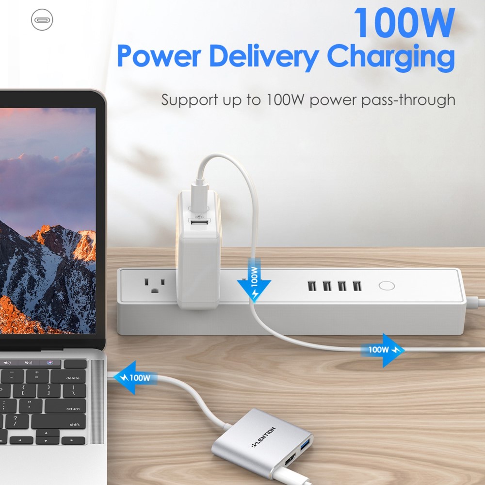 LENTION 100W PD USB-C till HDMI/USB-A/USB-C Port Adapter Silver