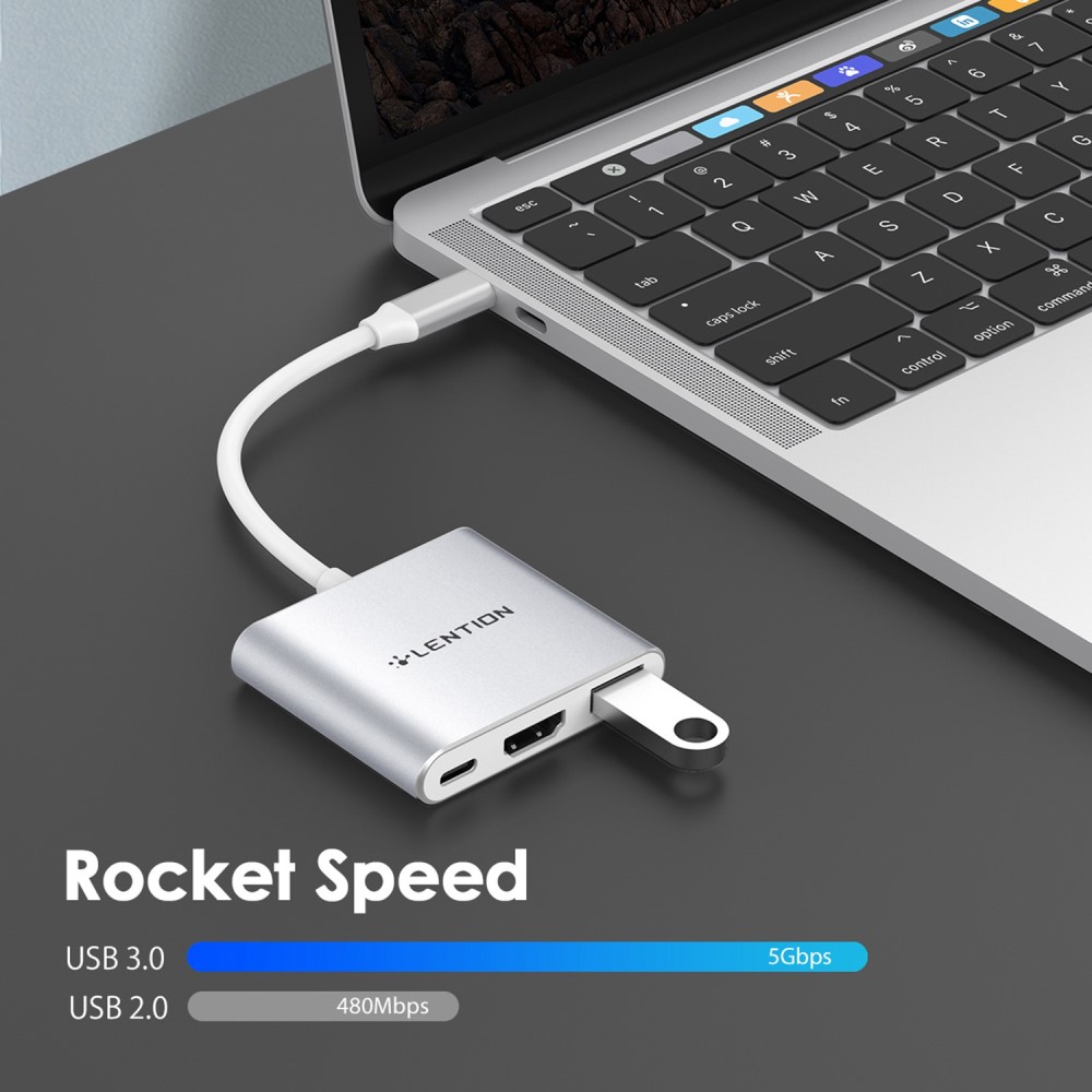 LENTION 100W PD USB-C till HDMI/USB-A/USB-C Port Adapter Silver