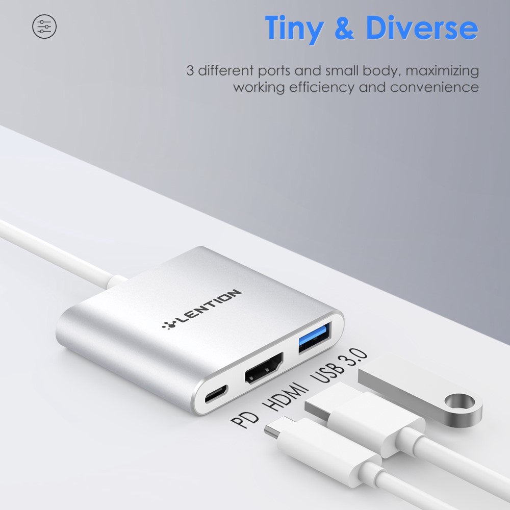 LENTION 100W PD USB-C till HDMI/USB-A/USB-C Port Adapter Silver