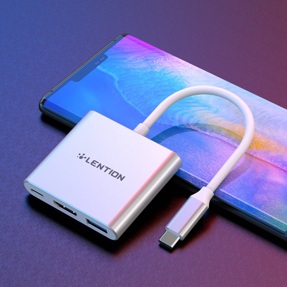 LENTION 100W PD USB-C till HDMI/USB-A/USB-C Port Adapter Silver