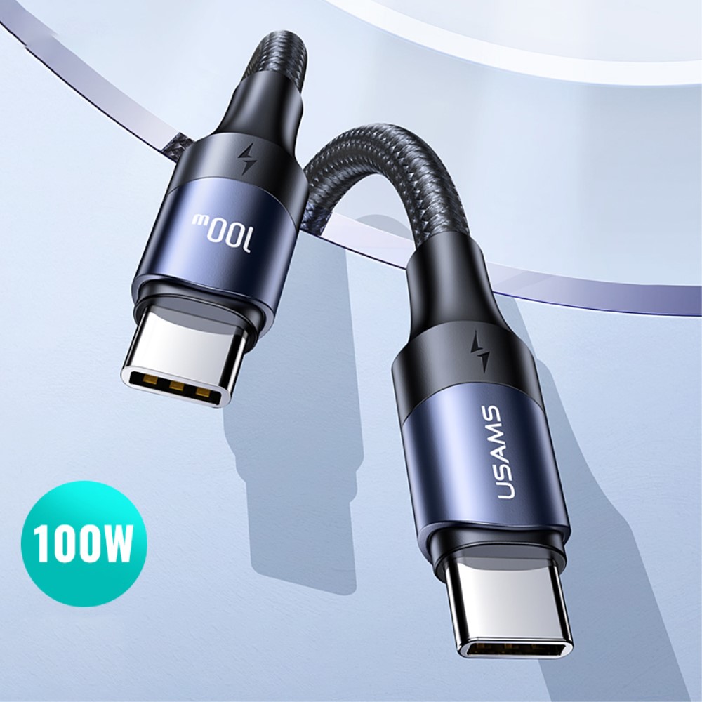 USAMS 2m 100W Snabbladdningskabel Nylon USB-C/USB-C Svart