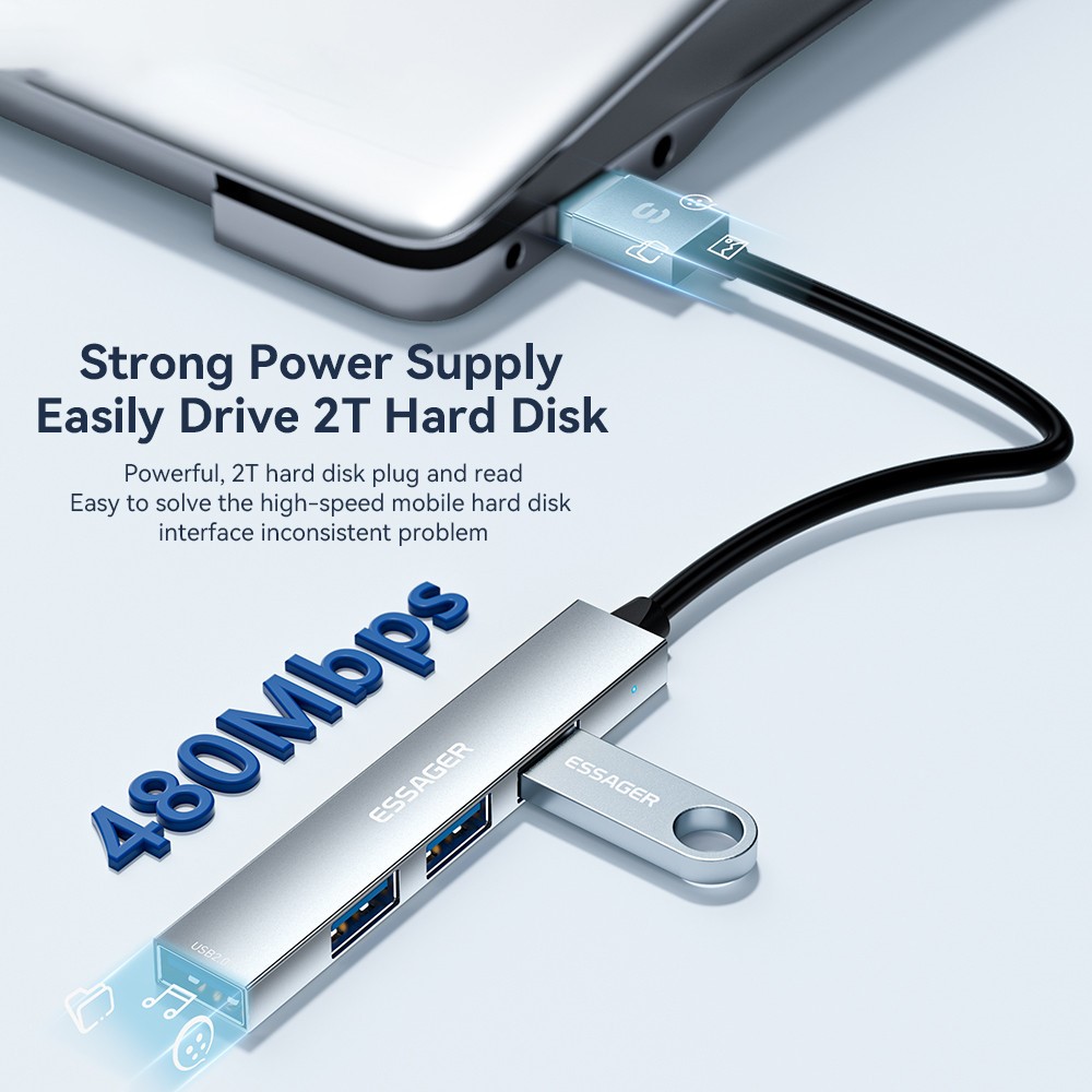 ESSAGER USB-A Hub 4x USB-A 2.0 Portar Aluminium Silver