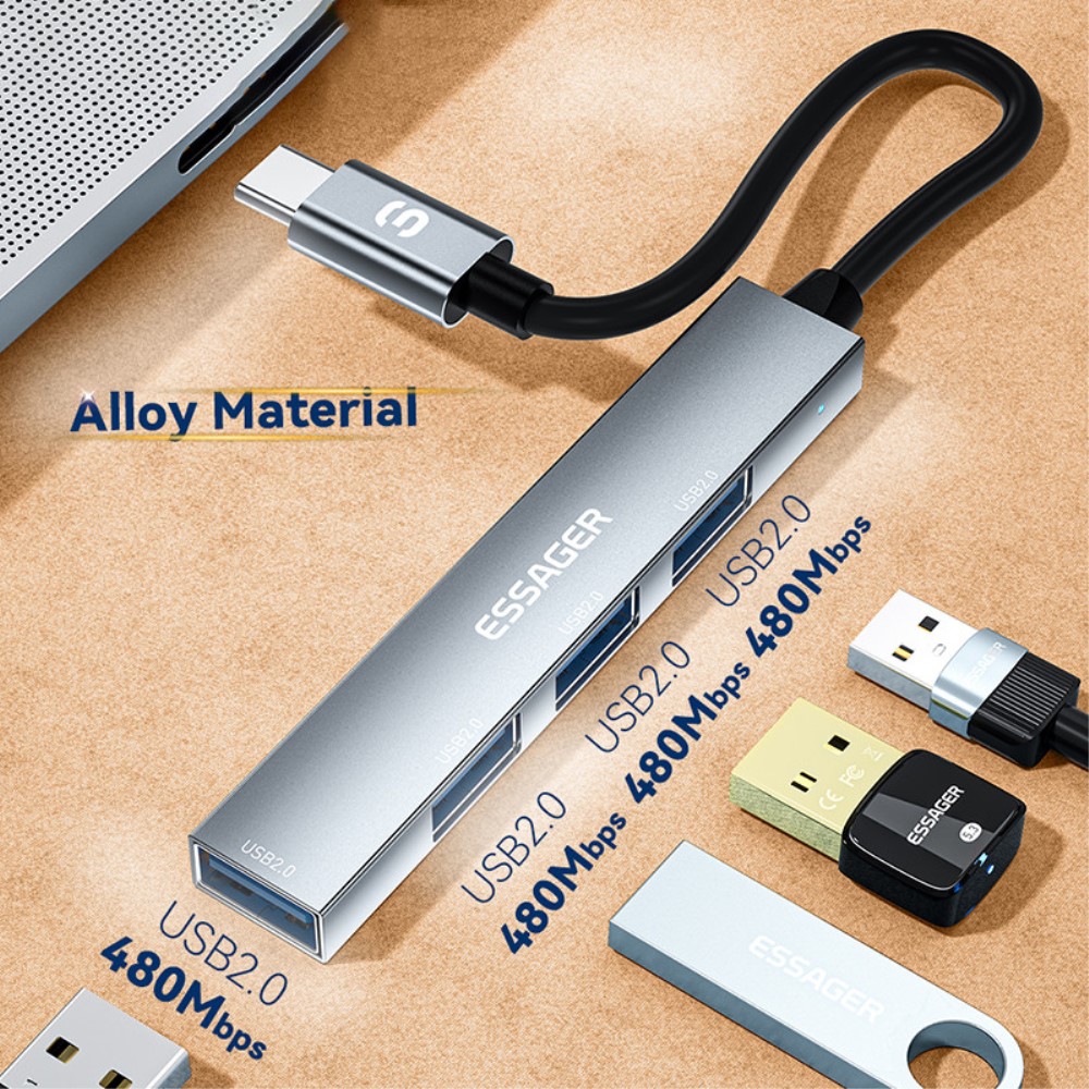 ESSAGER USB-A Hub 4x USB-A 2.0 Portar Aluminium Silver