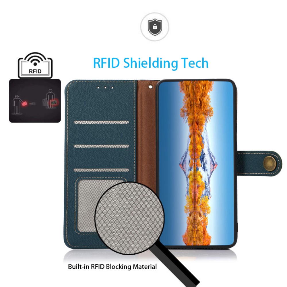 KHAZNEH iPhone 15 Fodral RFID Äkta Läder Blå