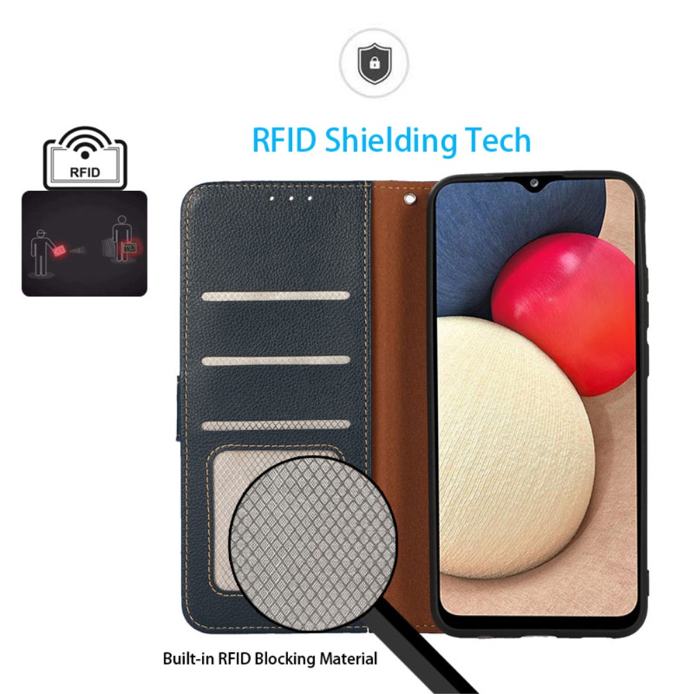 KHAZNEH iPhone 15 Fodral RFID Litchi Läder Blå