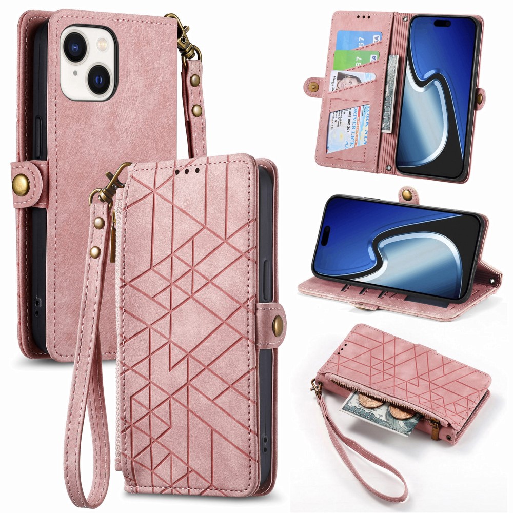 iPhone 15 Plus Fodral Geometri Med Snodd Rosa