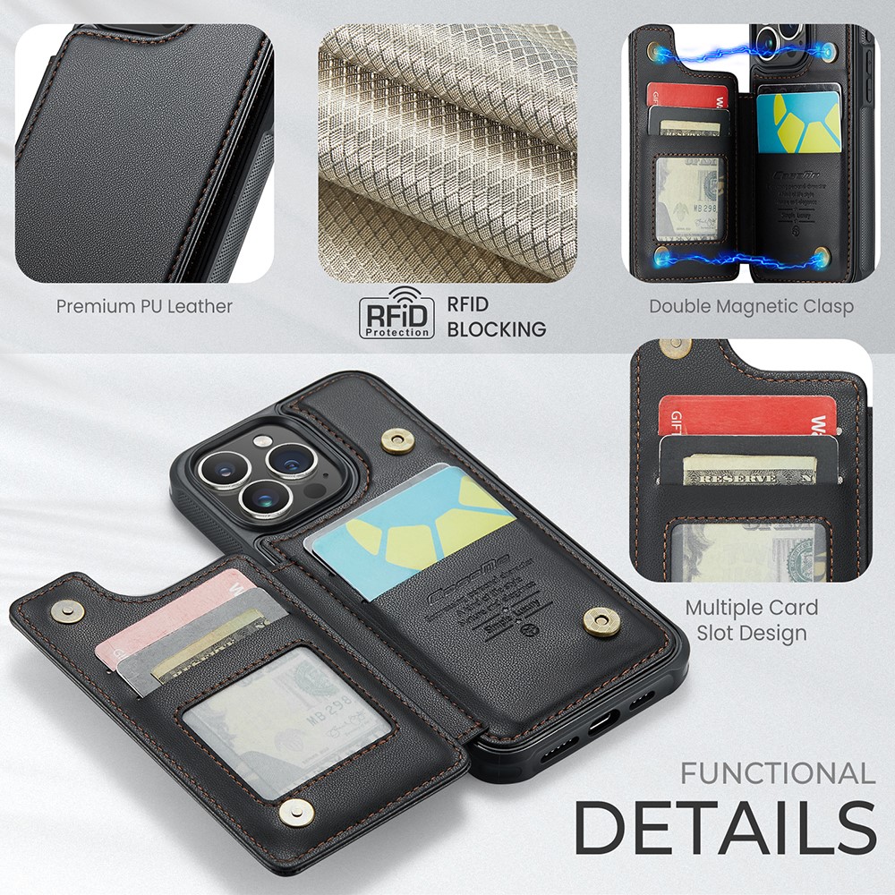 CASEME iPhone 15 Pro Skal RFID Kickstand Plnbok Svart