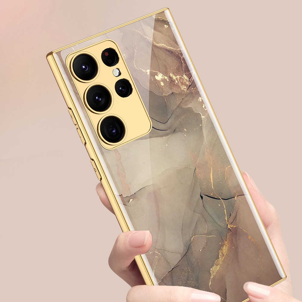 GKK Galaxy S24 Ultra Skal Härdat Glas Electroplate Marmor Champagne