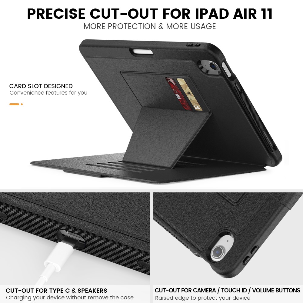 iPad Air 11 2024 Fodral Läder Kickstand Korthållare Svart