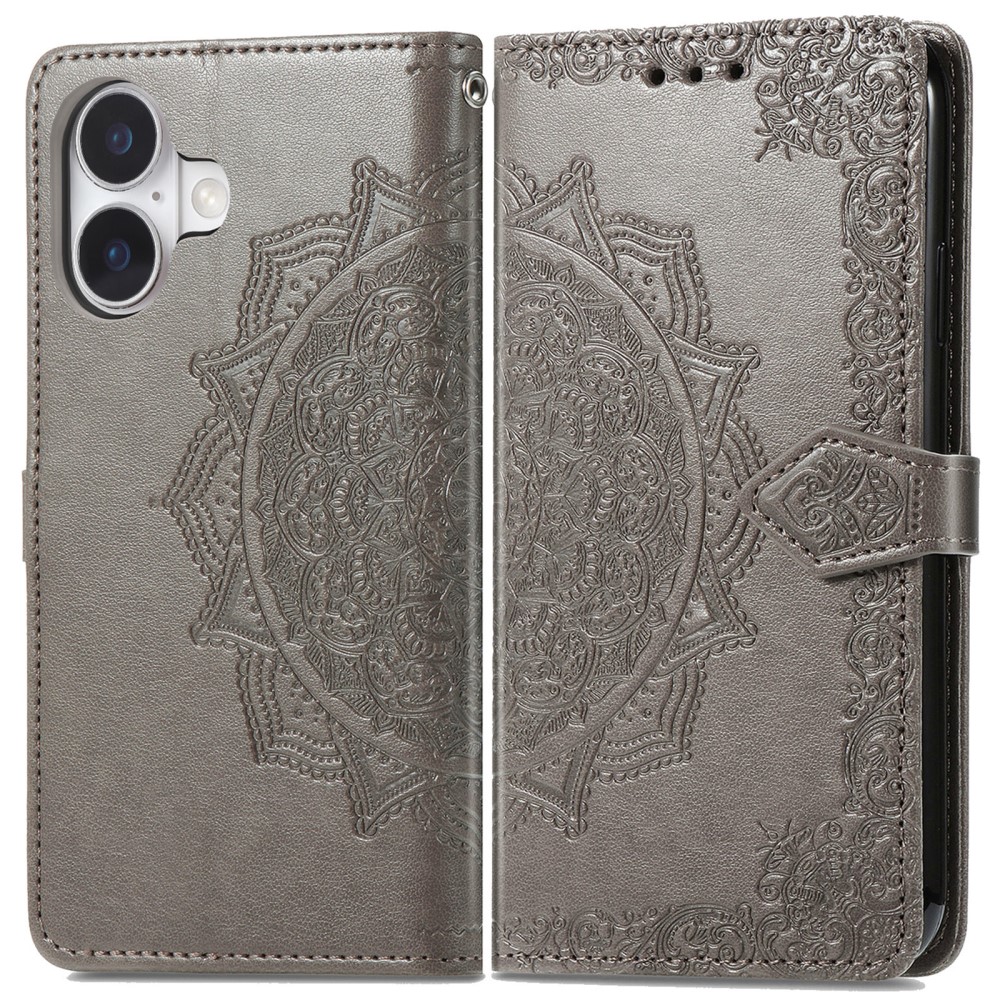 iPhone 16 Fodral Mandala Läder Grå