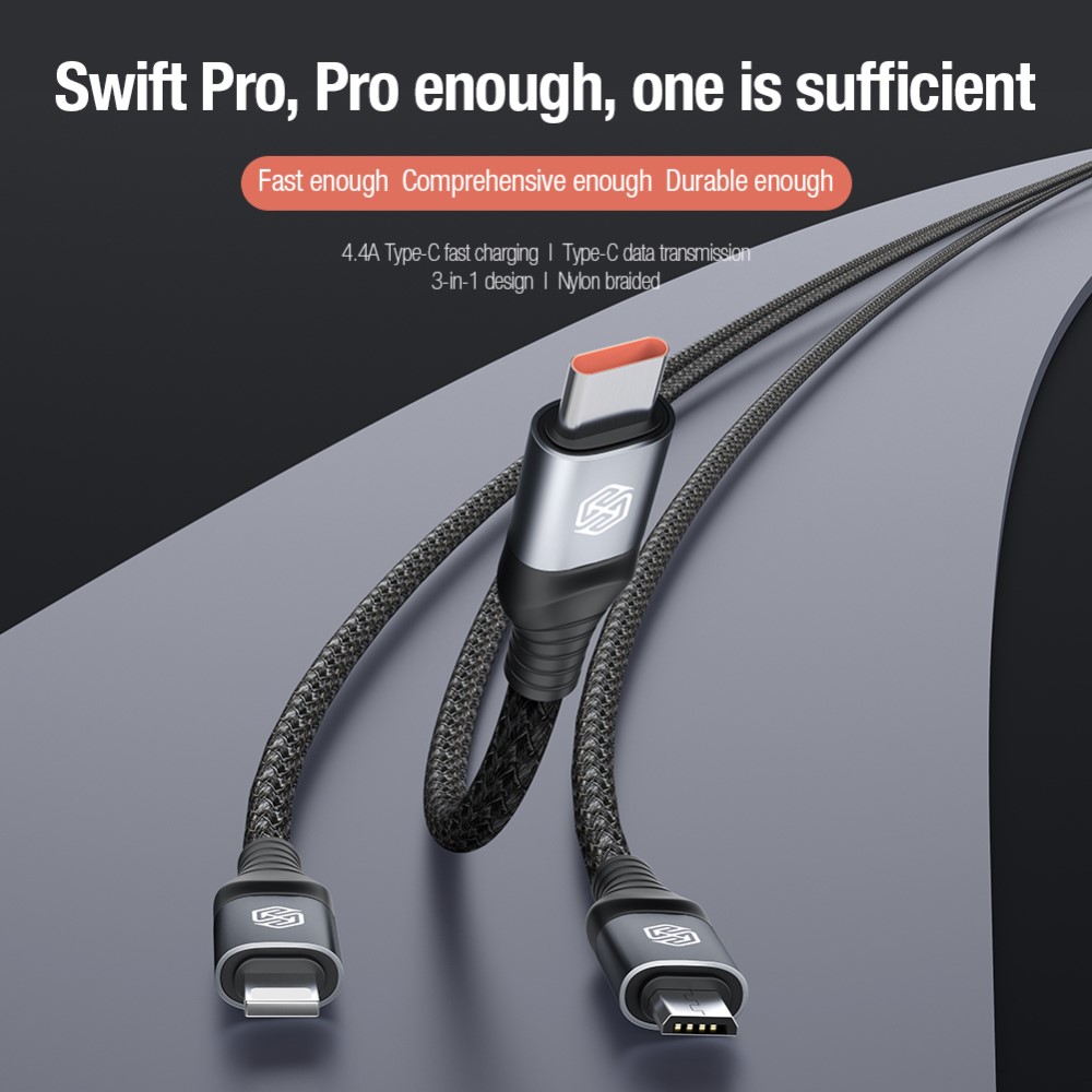 NILLKIN 4.4A 3in1 Lightning/USB-C/MicroUSB Laddningskabel Nylon Svart