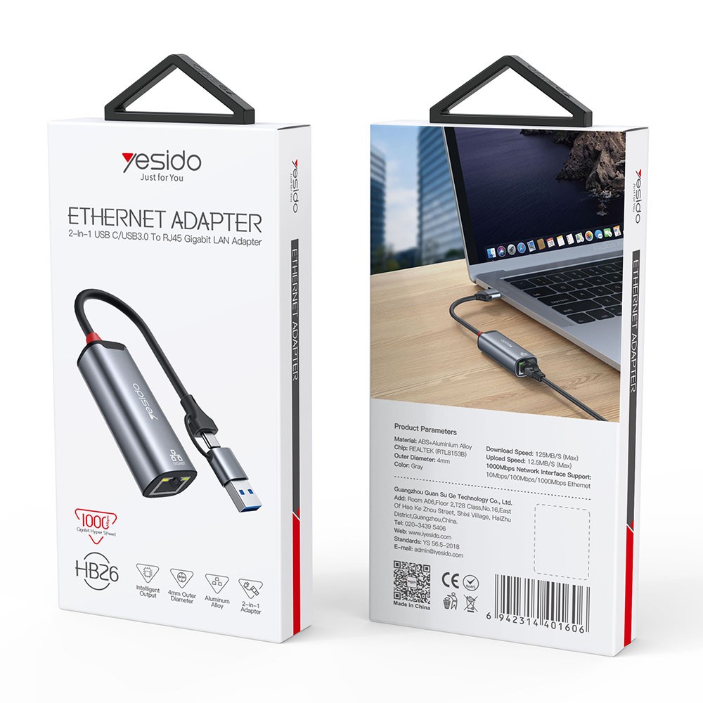 YESIDO 2in1 USB-C/USB-A till RJ45 Adapter Grå