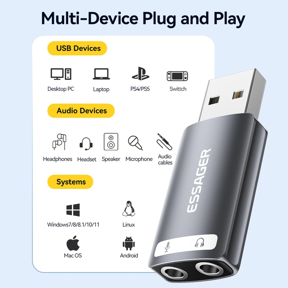 ESSAGER USB-A till 2x AUX 3.5mm Adapter