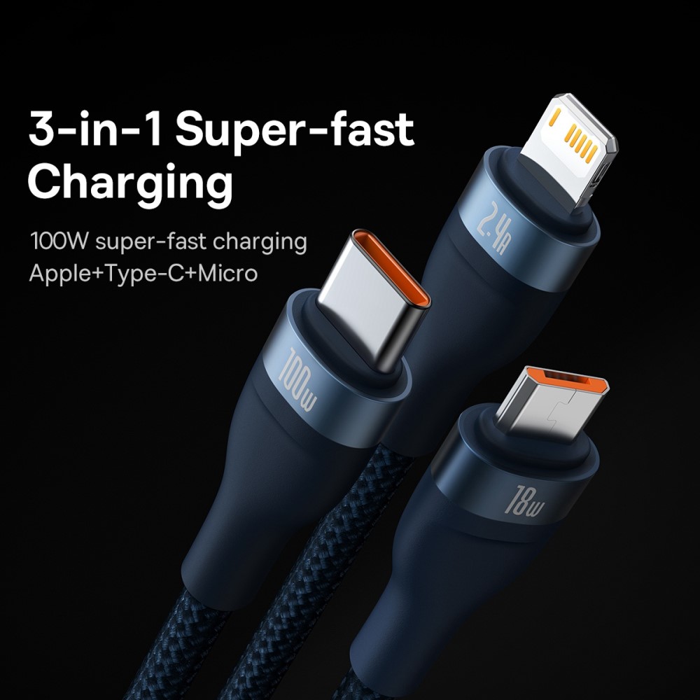 BASEUS 1.2 m 100W 3in1 USB-C/Lightning/MicroUSB Blå