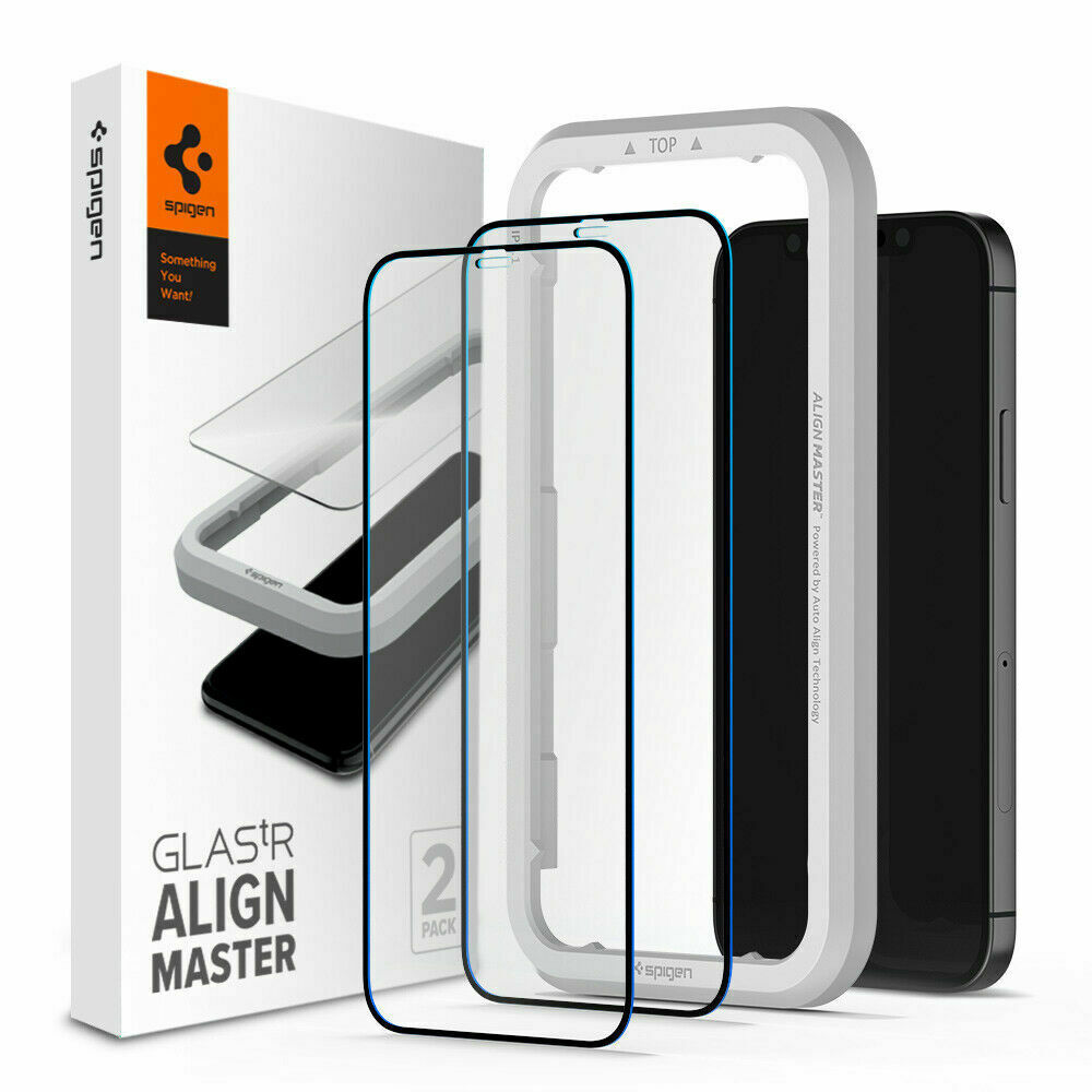 Spigen iPhone 12 Pro Max - Spigen 2-PACK AlignMaster GLAS.tR Heltäckande Skärmskydd - Teknikhallen.se