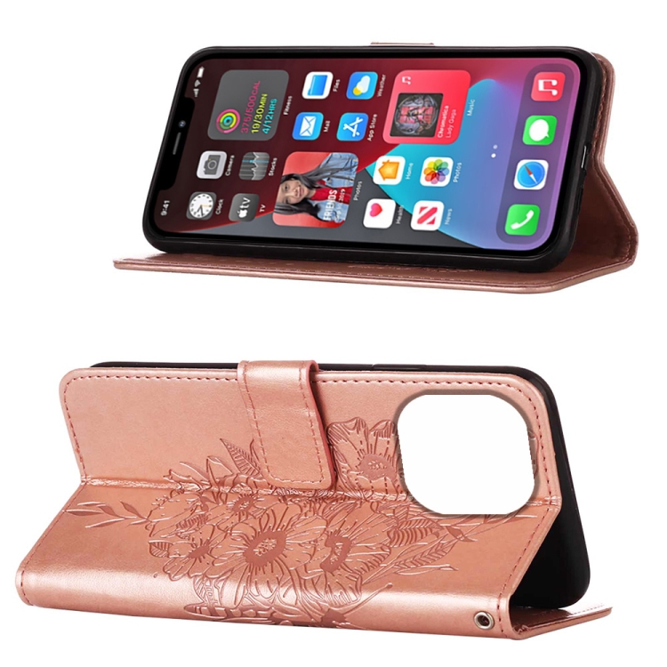 iPhone 14 Pro Fodral Med Tryckt Fjäril Roséguld