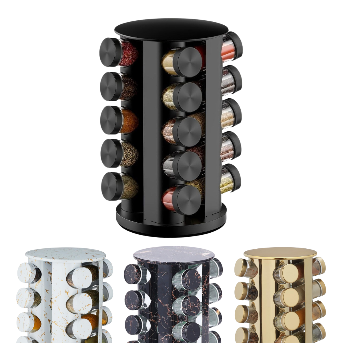 Roterande kryddställ med 20 glasburkar - Vit Marmor