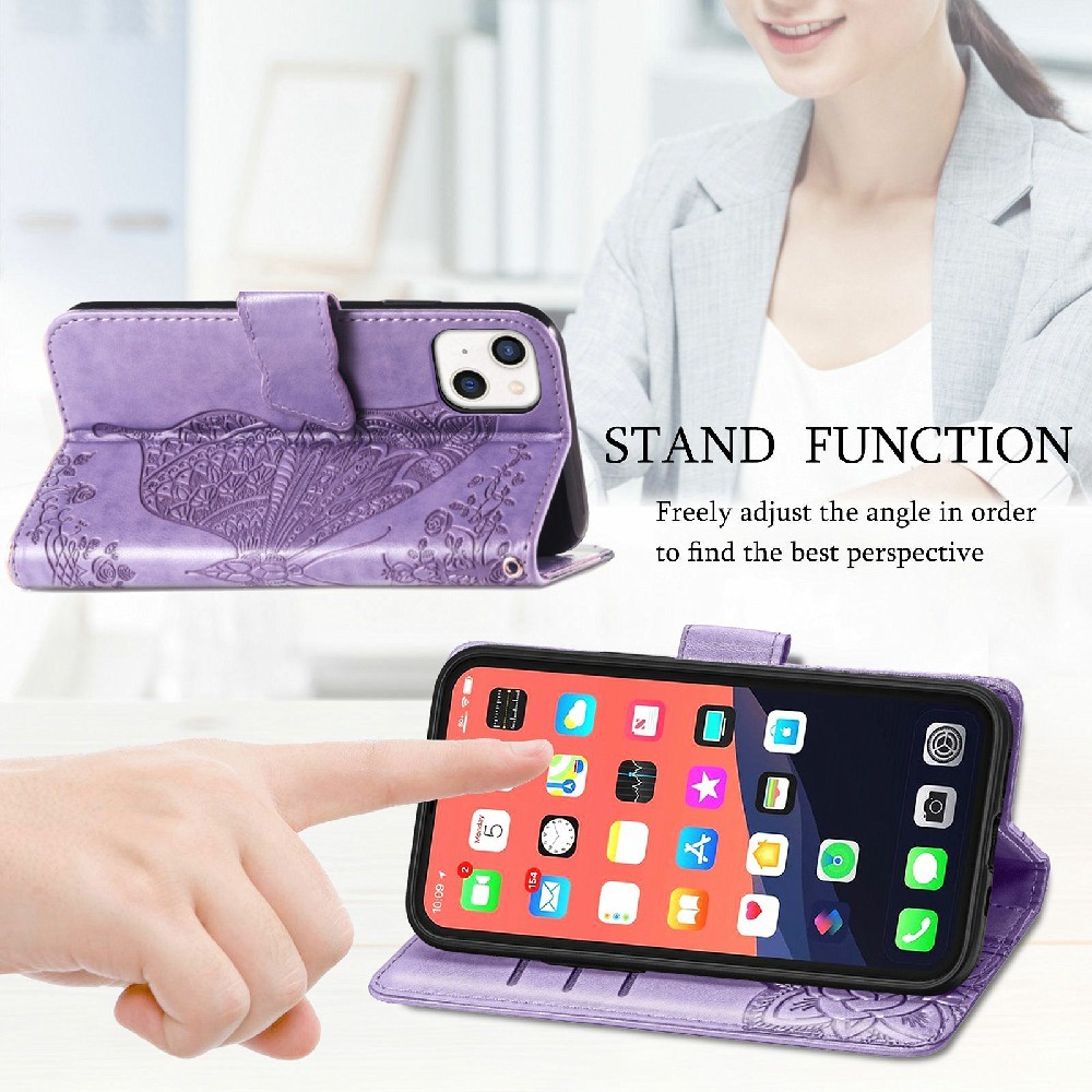 iPhone 13 - Butterfly Print Lder Fodral - Lila