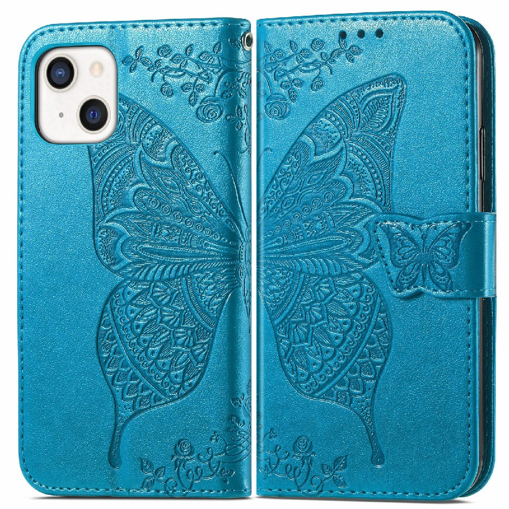 iPhone 13 - Butterfly Print Lder Fodral - Bl