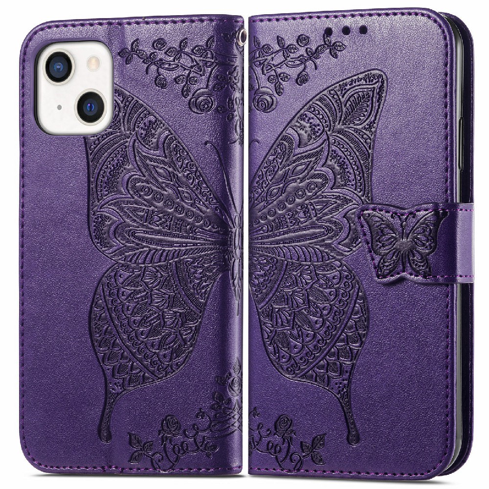 iPhone 13 Mini - Butterfly Tryckt Läder Fodral - Lila