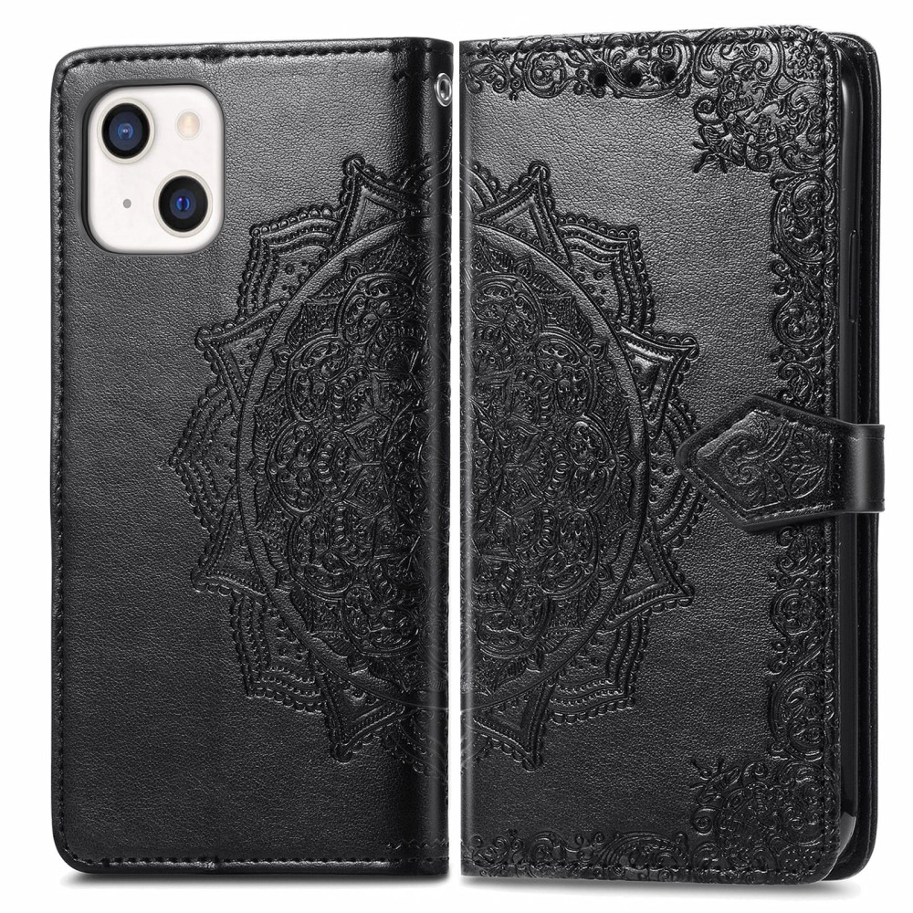iPhone 13 Mini - Mandala Flower Läder Fodral - Svart