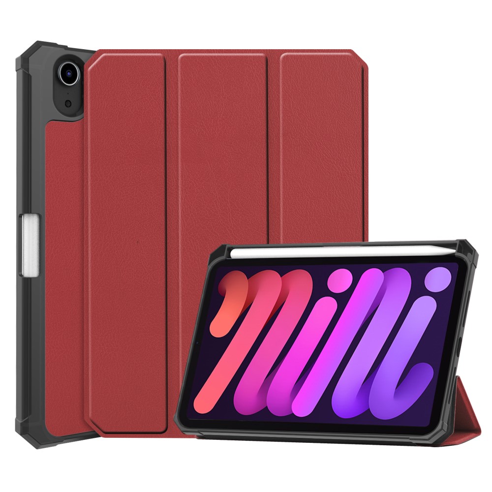 iPad Mini (2021) Fodral Shockproof Tri-Fold Med Pennhållare Vinröd