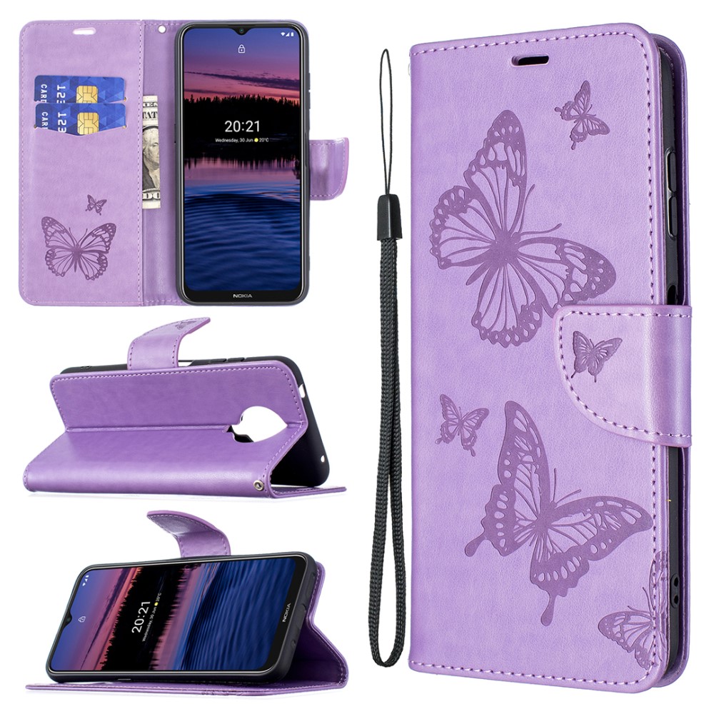 Nokia G10 / G20 Fodral Tryckt Butterfly Lder Lila