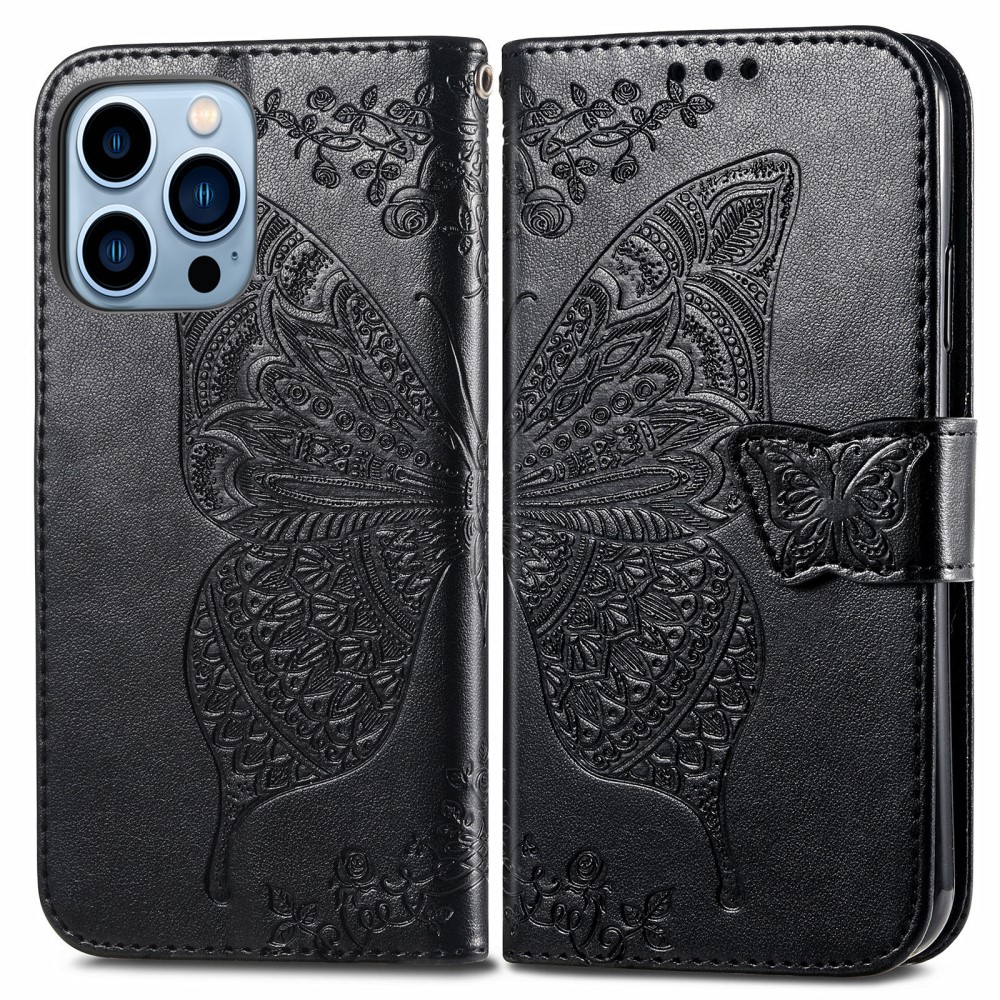 iPhone 13 Pro Max Fodral Butterfly Textur Lder Svart