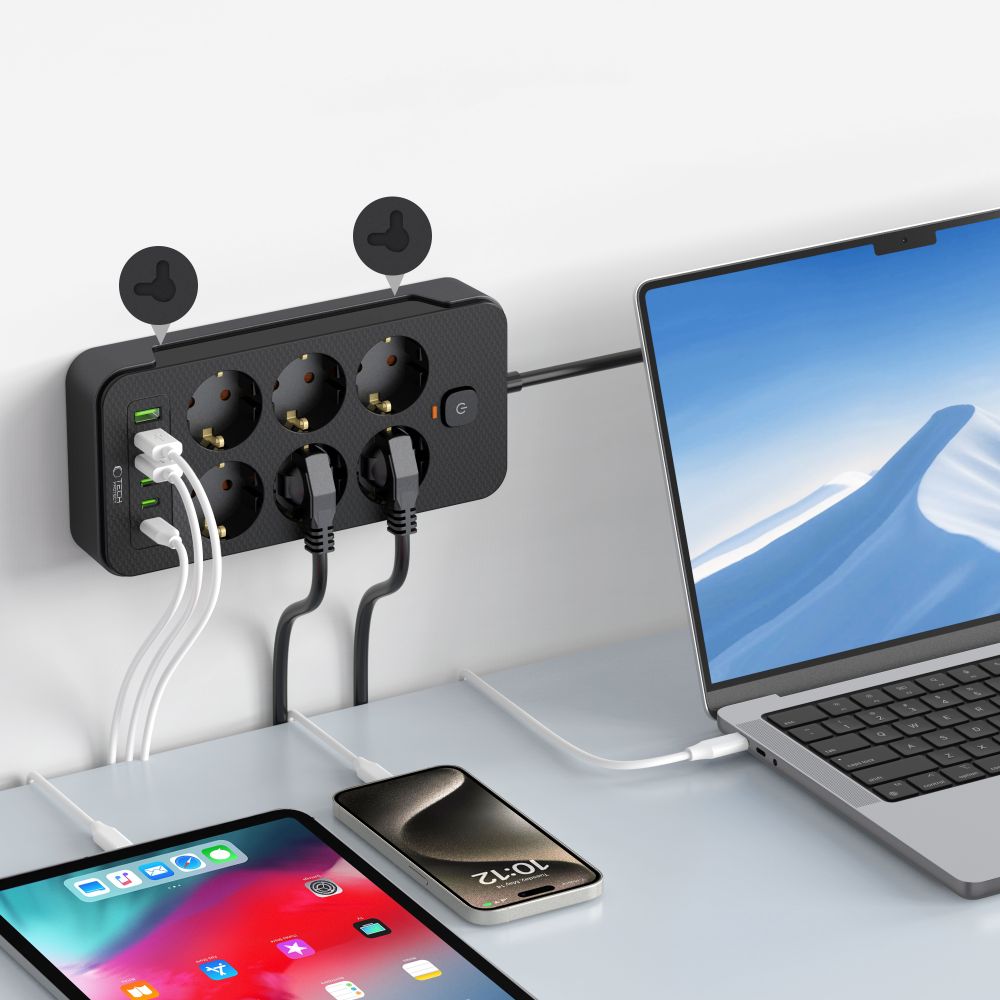 Tech-Protect 2 m Förgreningsdosa Med USB-C/USB-A Svart