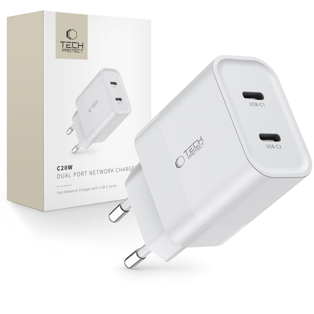 Tech-Protect 20W PD 2x USB-C Väggladdare Vit