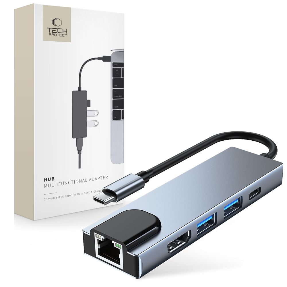 Tech-Protect 5in1 USB-C Hub USB/HDMI/Ethernet/USB-C Grå