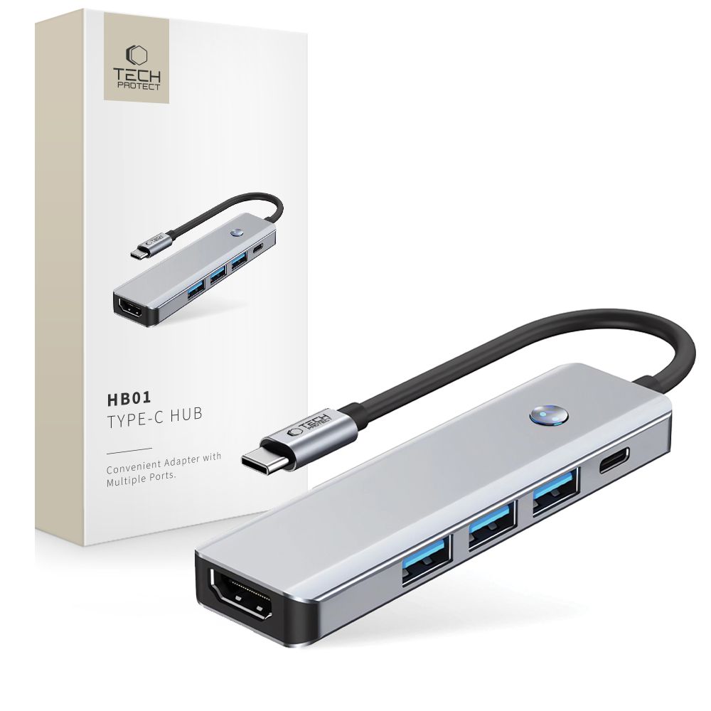 Tech-Protect 5in1 USB-C Hub - USB-C / USB 3.0 / HDMI / RJ45 Grå