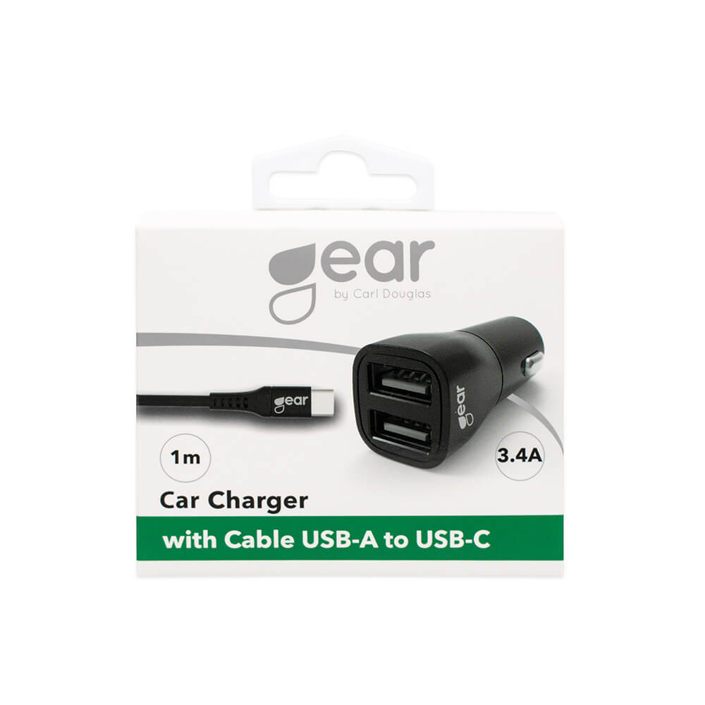 GEAR Billaddare 2xUSB 3.4A USB-C Kabel 1m Svart