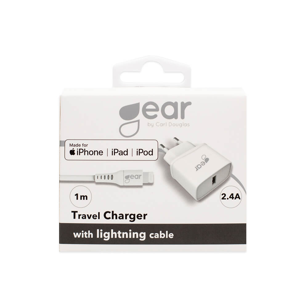 GEAR Väggladdare 1xUSB 2.4A Lightning Kabel 1m MFi Vit